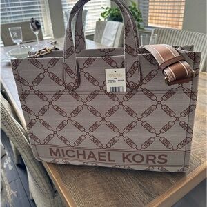 Gigi Large Empire Logo Jacquard Tote Bag 15.5"W X 11.75"H X 5.25"D Tan